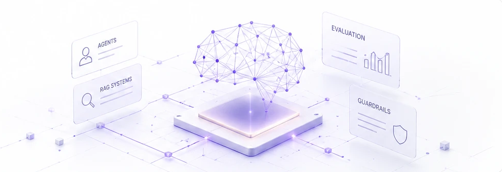 Agent platform: agents and retrieval feeding a reasoning core, with evaluation and guardrails attached.