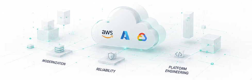 Cloud platform: one cloud layer across AWS, Azure, and Google Cloud, feeding modernization, reliability, and platform engineering.